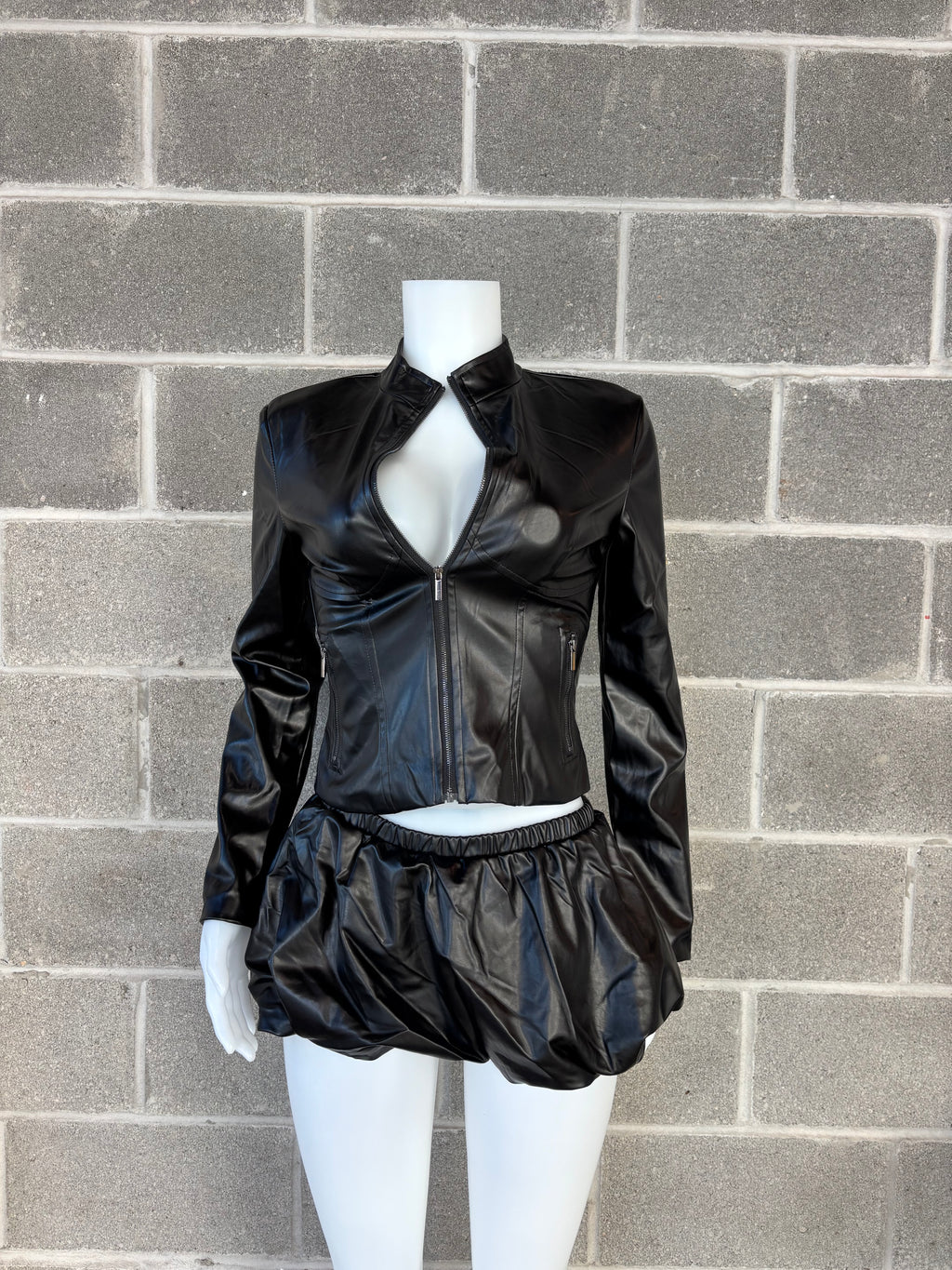 Faux Leather Bubble Skirt Set