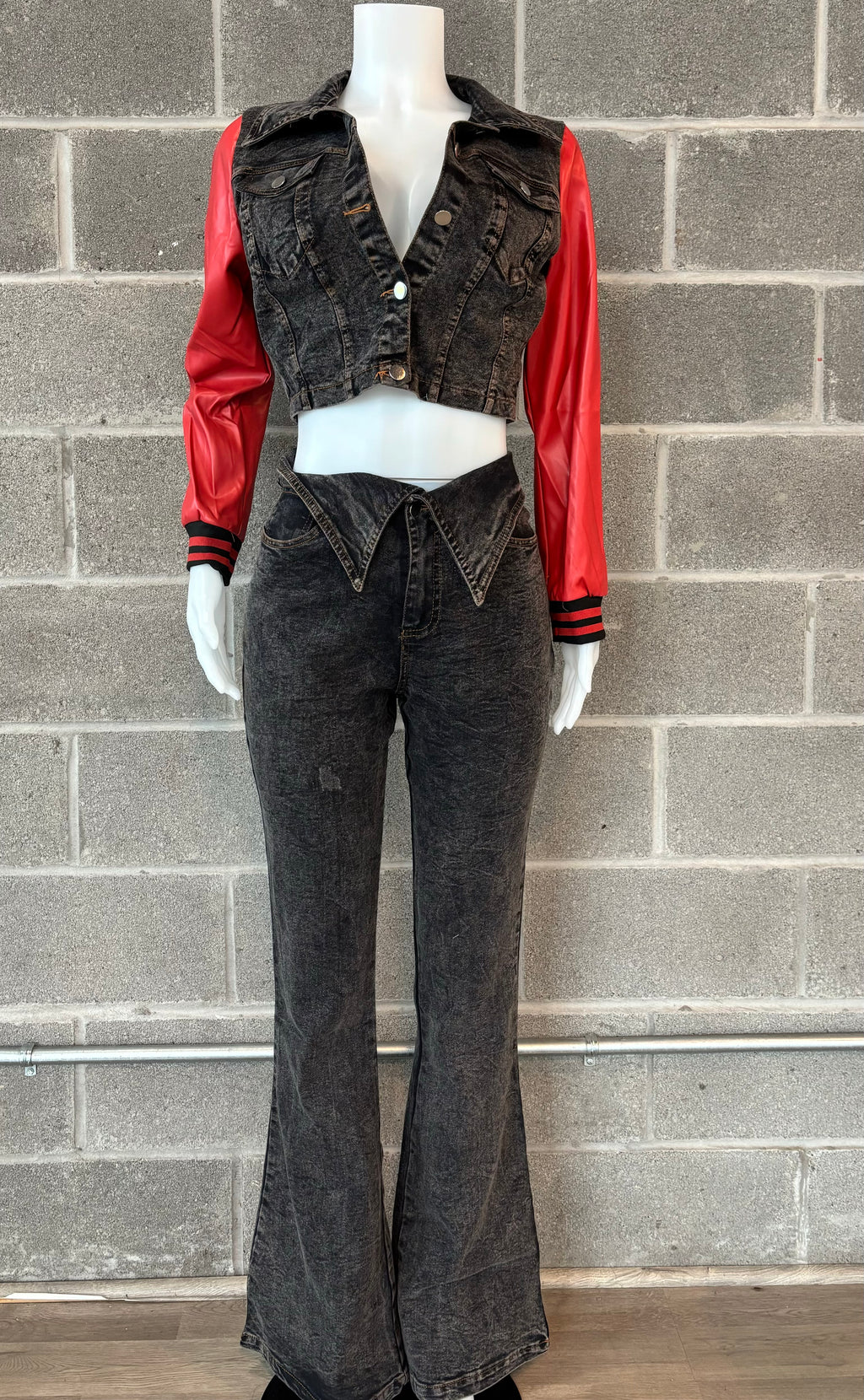 Red Color Block Jean Set