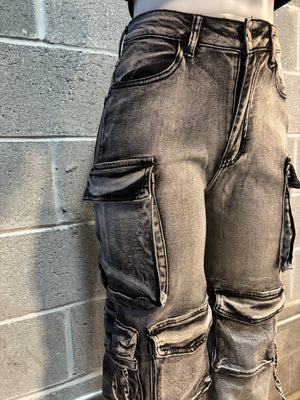 Washed Fitted Cargo Jeans