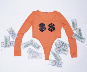 Orange Dollar Sign Mesh Bodysuit